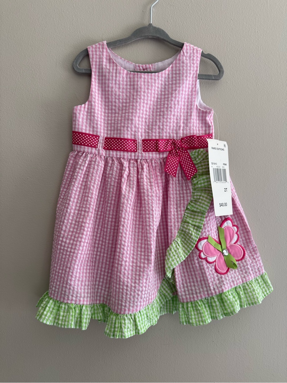 NWT Rare Editions Girls 2T Gingham Seersucker Dress Pink & Green